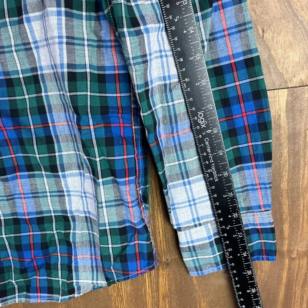 J Crew Mens Shirt Blue Green Gray Red Plaid Slim Fit Collared Button Down Medium